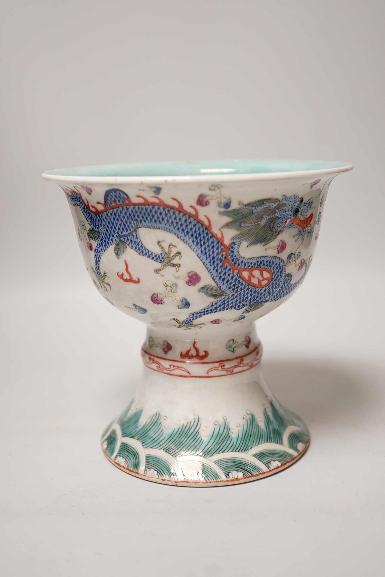 A large 19th century Chinese enamelled porcelain ‘dragon’ stem bowl, 16.5cm